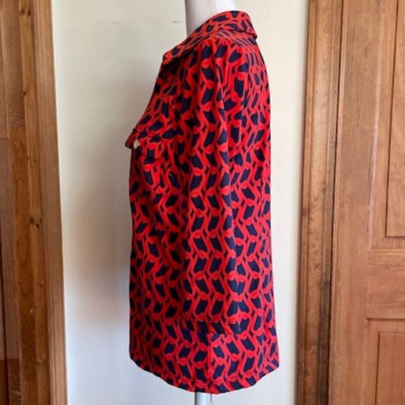 ELIZABETH MCKAY Chain Link Red Blue Pull Over Button Elbow Sleeve Top M - Picture 11 of 17